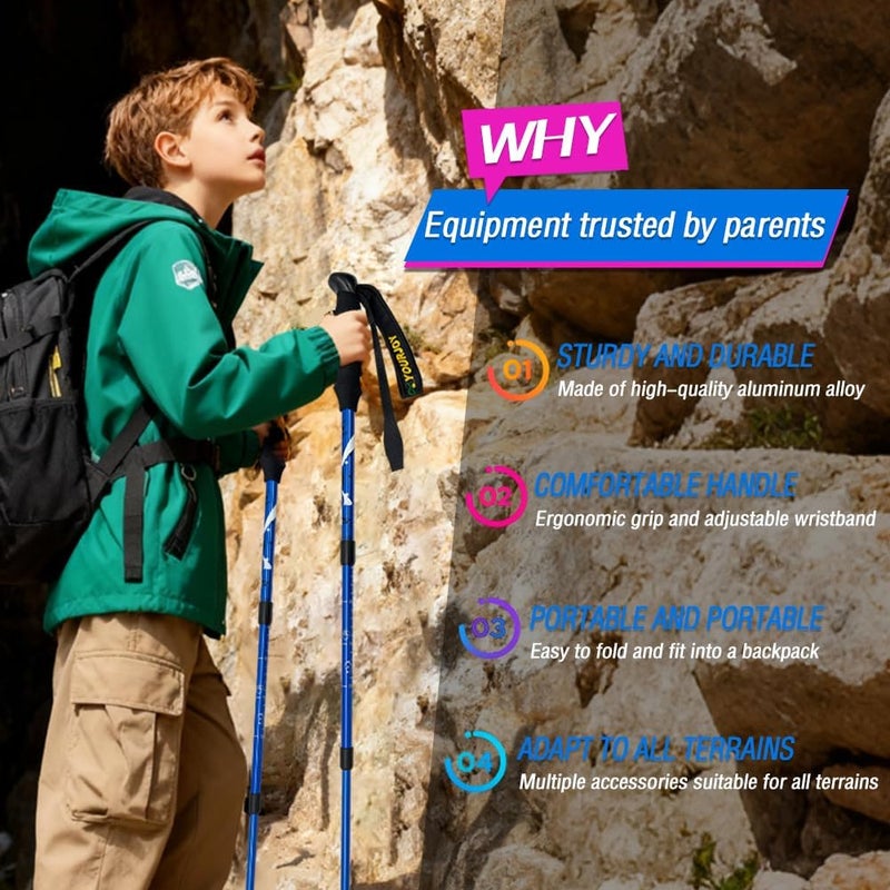 yourjoy Hiking Trekking Poles for Kids, 2 Pack Anti Shock, Adjustable, Collapsible Hiking Poles for Trekking or Walking, Lightweight Aluminum Sticks - Image 2